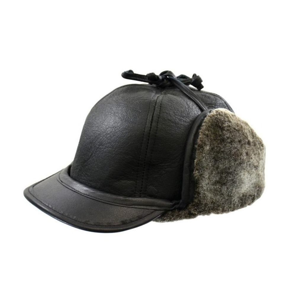 Crowncap Mens Black Shearling Leather Trapper Hat Size S Aviator Hunting Canada
